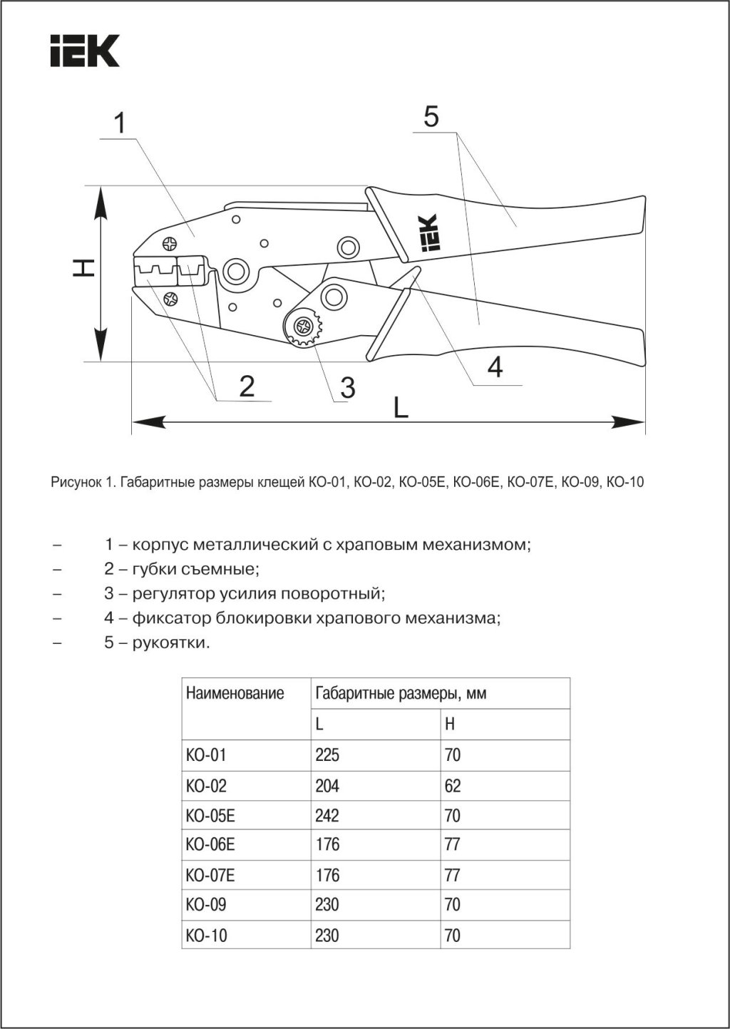 Размеры обжимного инструмента KO-01 IEK