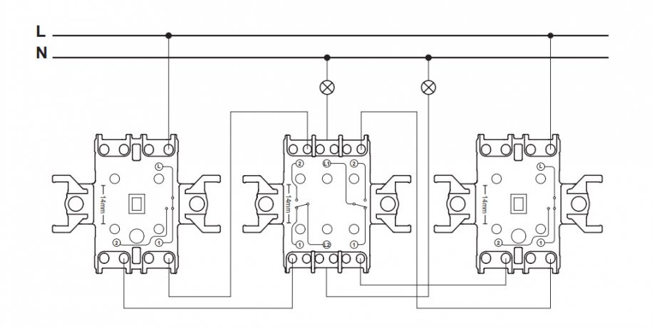 Схема підключення 2-кл прохідного вимикача EPH0600171