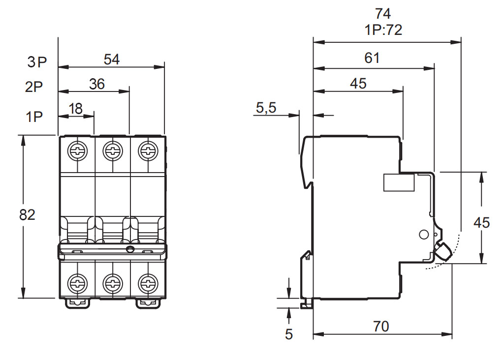 Габаритні розміри модульних автоматичних вимикачів Easy9 Schneider Electric