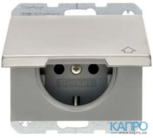 Розетка с заземл.контактом с крышкой со шторками 16А Berker К.5 47517204 нерж.сталь