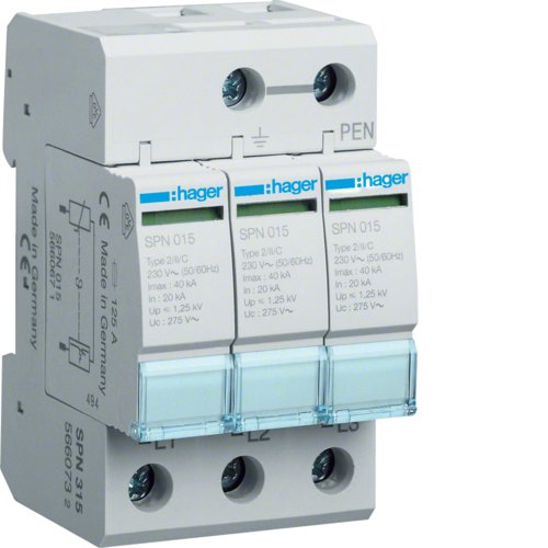 Разрядник защиты от перенапряжения 3p 40кА Класс II 3мод.Hager SPN315
