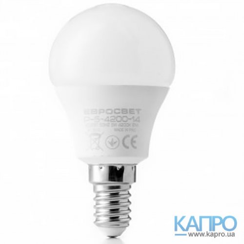 Лампа шар.LED E14 Евросвет 30000h 5,0W/4200 G45 P-5-4200-14