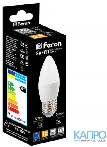 Лампа свеч.LED E27 Feron 30000h SAFFIT 7,0W/4000 C37 LB-197