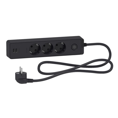 Удлинитель UNICA EXTEND на 3 розетки с заземлением+2*USB-розетки, 1.5м, черный
