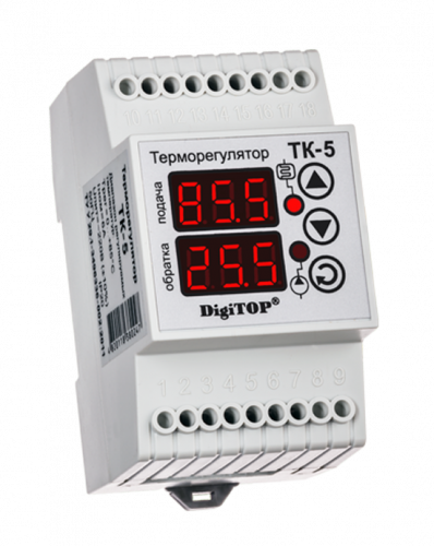 Терморегулятор DIN 2-канальный с датчиком DS18B20 DigiTop ТК-5 0...+90, шаг: 1,0