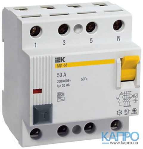 Диф.реле 4-п ИЭК тип AC 3kA ВД 1-63 16/0,03А MDV10-4-016-030