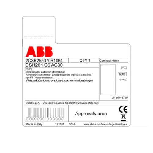 Автоматичний вимикач диференційного струму 1p+N  DSH201 B10 AC30 2CSR255070R1105